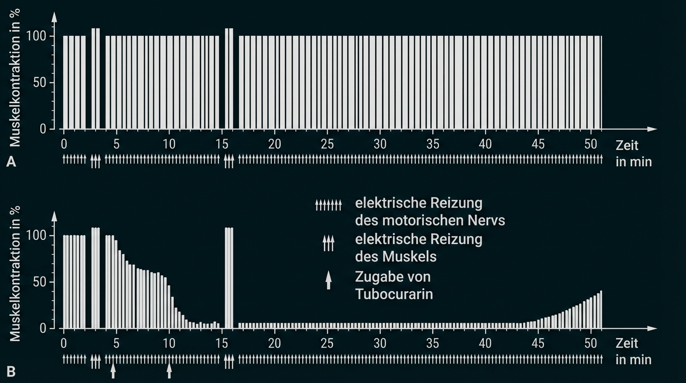 Zwei Diagramme (A,B): Muskelkontraktion (%) über Zeit bei Nerven- und Muskelreizung sowie nach Zugabe von Tubocurarin.